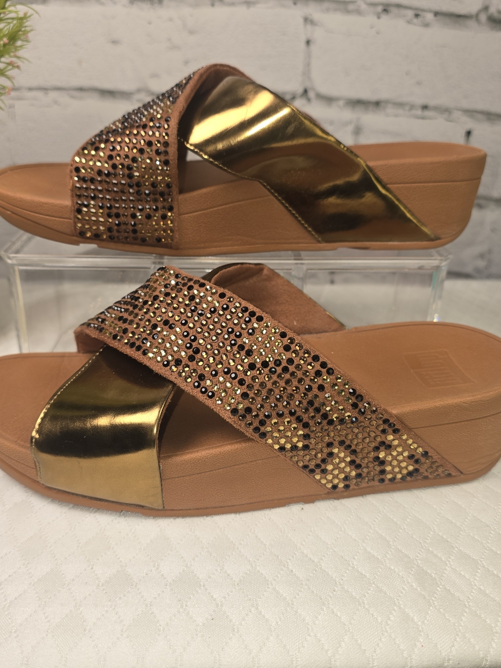 FITFLOP LULU LEOPARD-CRYSTAL SANDALS BRONZE METALLIC SLIP ON SANDALS WOMENS 7